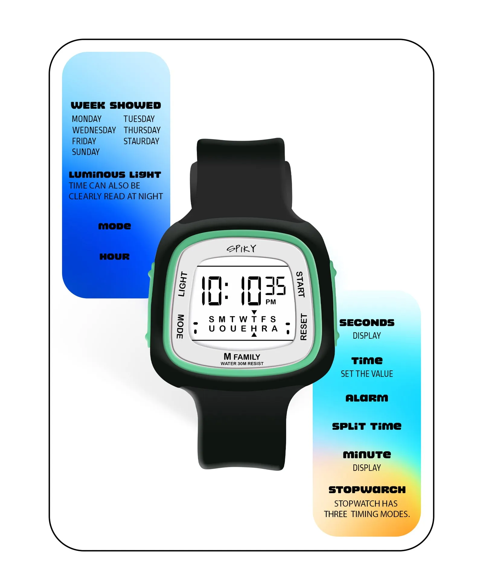 Spiky Unique Square Digital Watch for Kids - Green