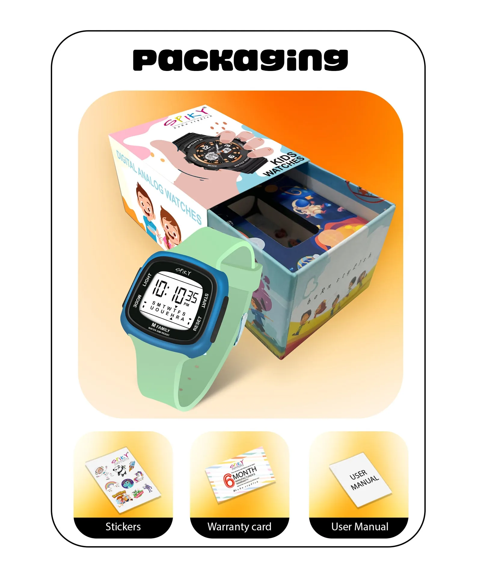 Spiky Unique Square Digital Watch for Kids - Green