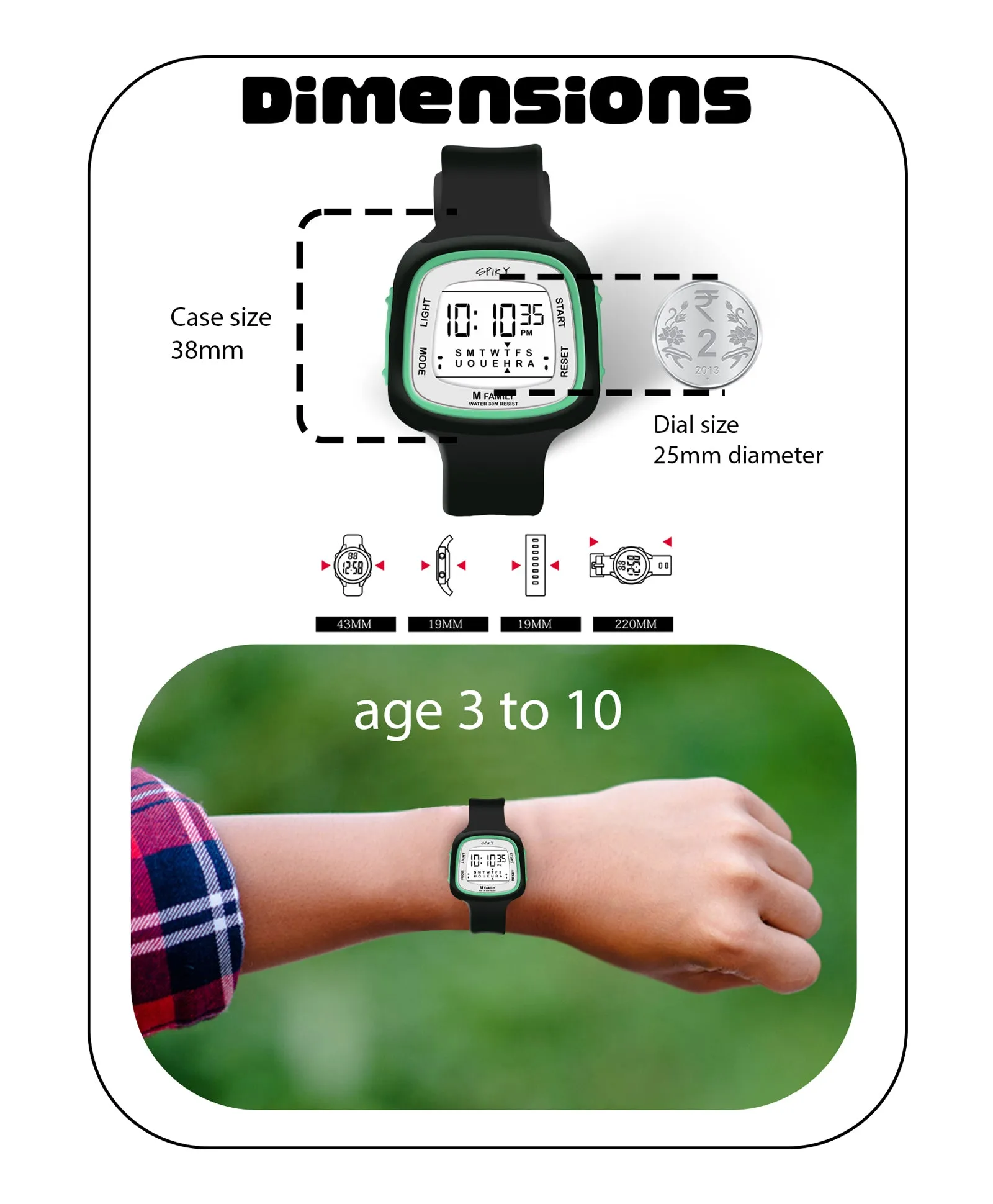 Spiky Unique Square Digital Watch for Kids - Green