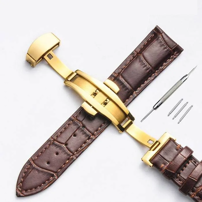 Strap Bamboo Pattern Strap Genuine Leather Watchband with Double Press Butterfly Buckle Watches
