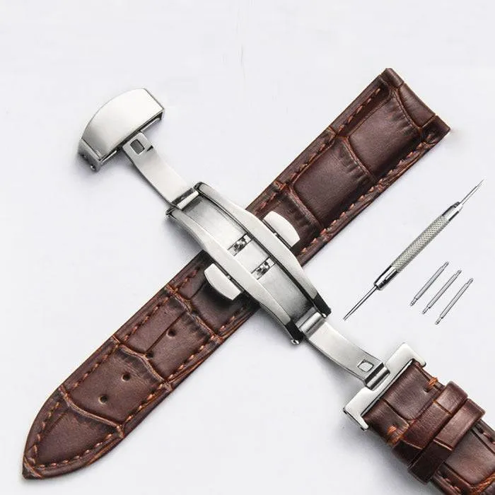 Strap Bamboo Pattern Strap Genuine Leather Watchband with Double Press Butterfly Buckle Watches