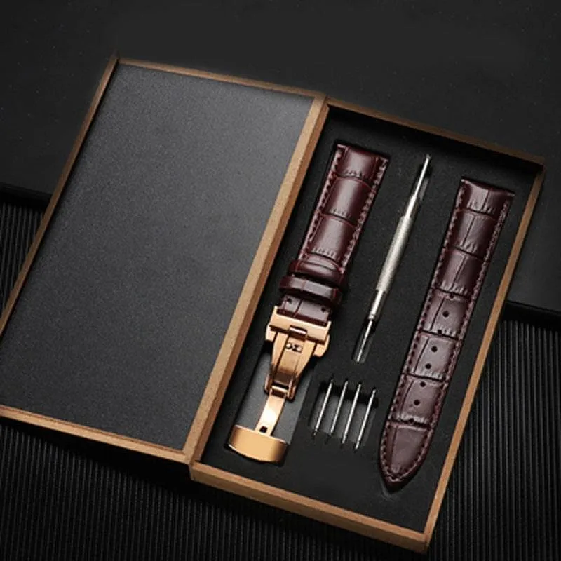 Strap Bamboo Pattern Strap Genuine Leather Watchband with Double Press Butterfly Buckle Watches