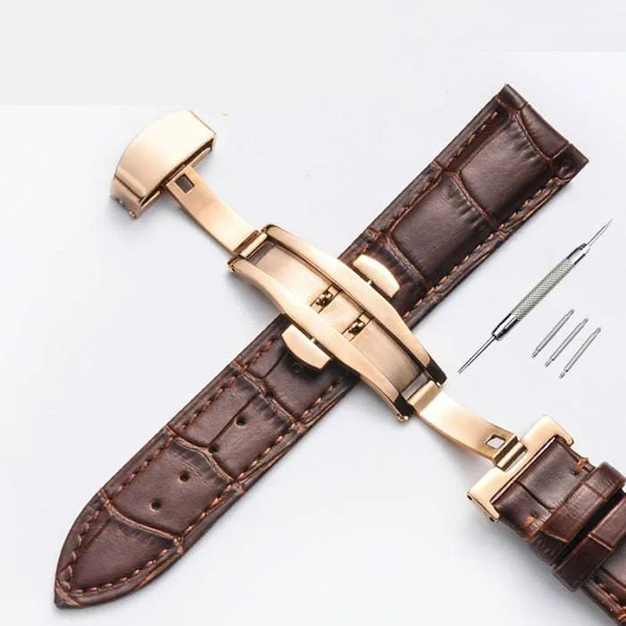 Strap Bamboo Pattern Strap Genuine Leather Watchband with Double Press Butterfly Buckle Watches