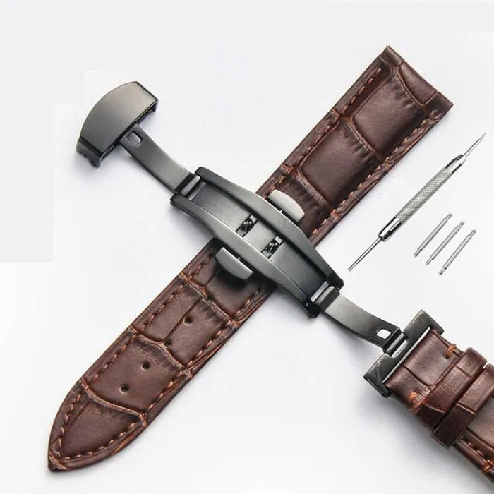 Strap Bamboo Pattern Strap Genuine Leather Watchband with Double Press Butterfly Buckle Watches