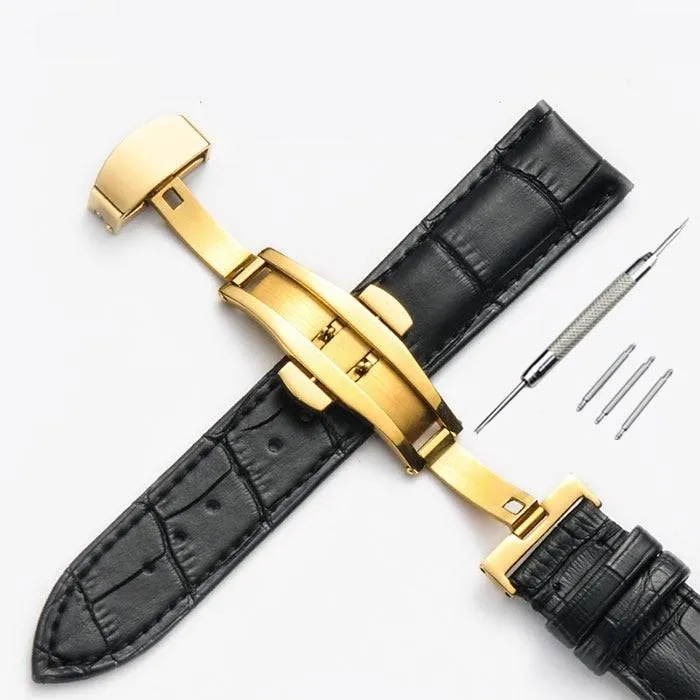 Strap Bamboo Pattern Strap Genuine Leather Watchband with Double Press Butterfly Buckle Watches