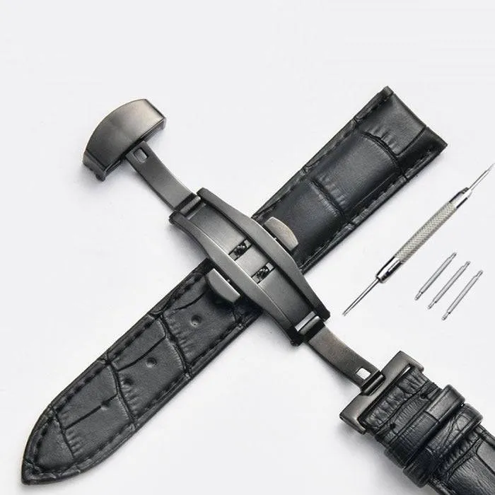 Strap Bamboo Pattern Strap Genuine Leather Watchband with Double Press Butterfly Buckle Watches