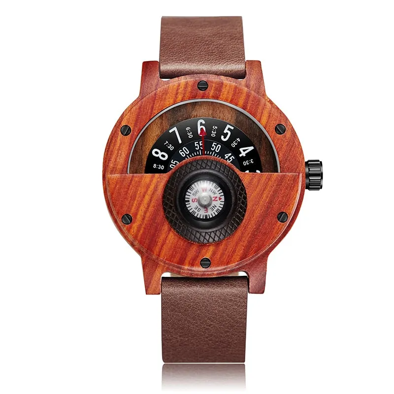 Unique Compass Turntable Number Design Men Wooden Watch