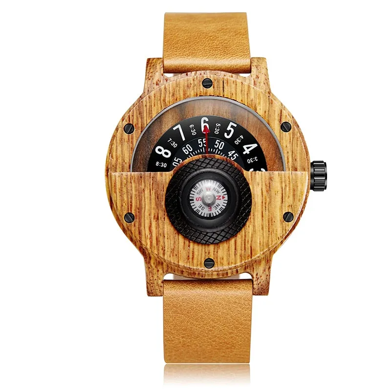 Unique Compass Turntable Number Design Men Wooden Watch
