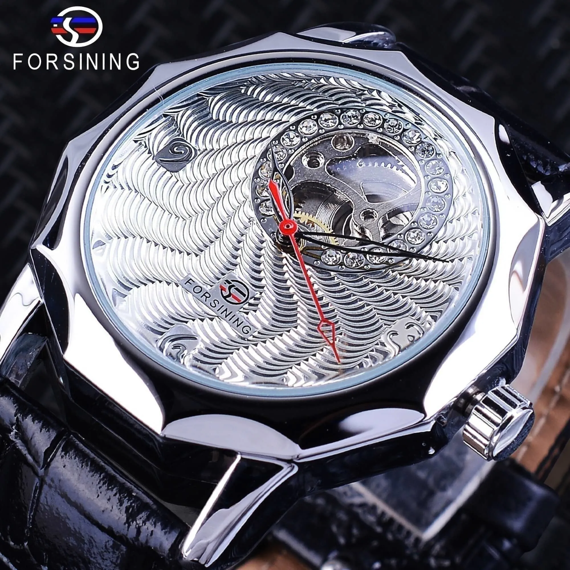 Unique Fashion White Crystal Display Half Skeleton Design Men's Silver Color Automatic Watches M1