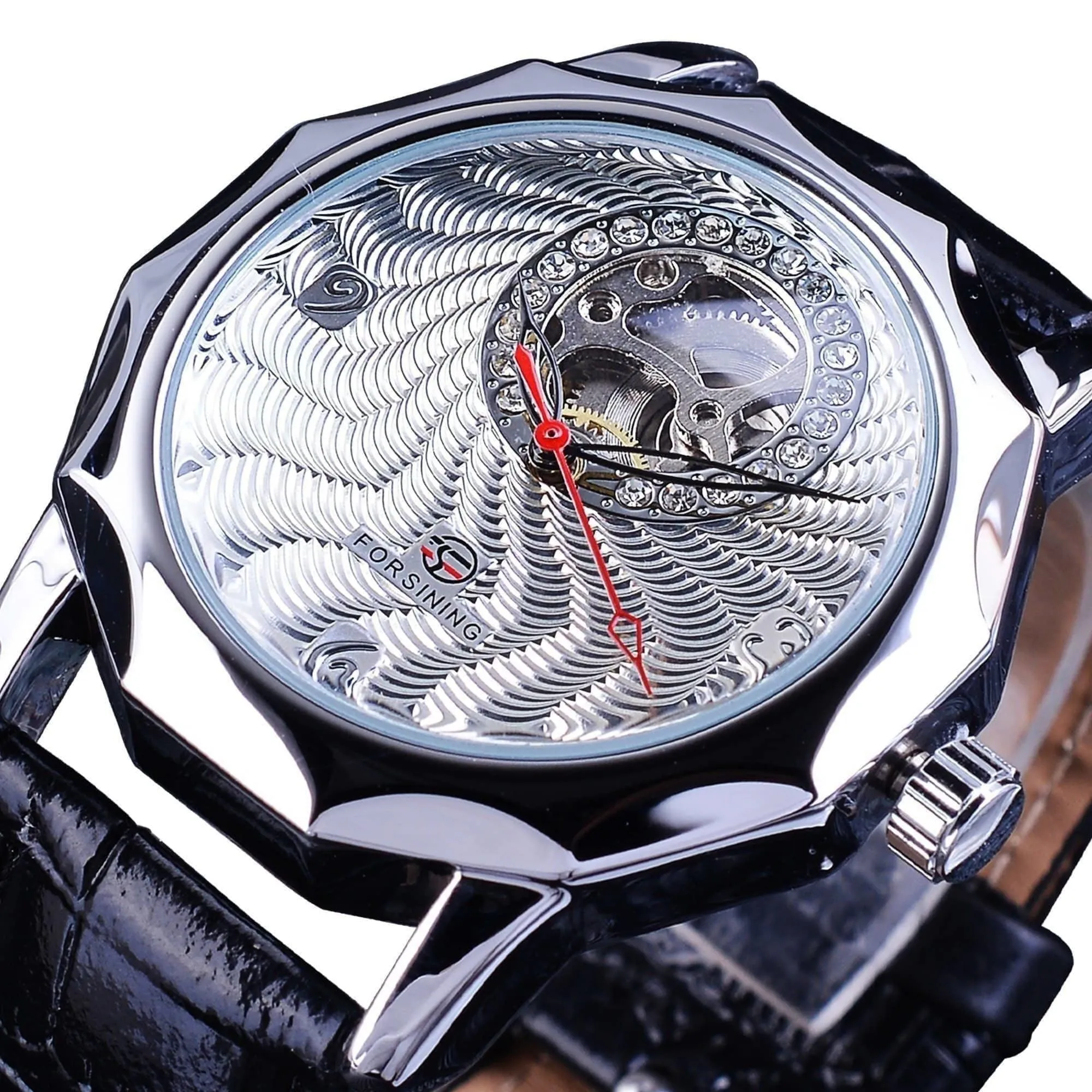Unique Fashion White Crystal Display Half Skeleton Design Men's Silver Color Automatic Watches M1
