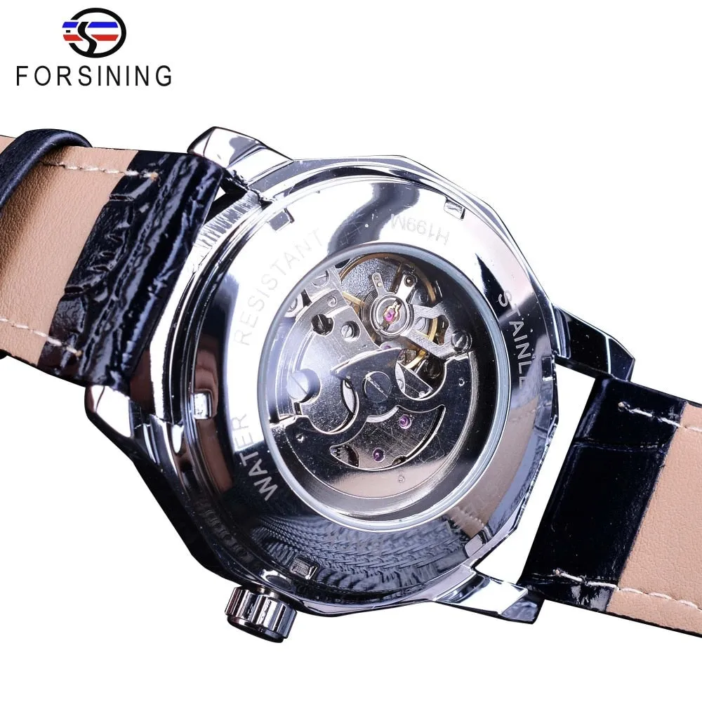 Unique Fashion White Crystal Display Half Skeleton Design Men's Silver Color Automatic Watches M1