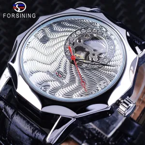Unique Fashion White Crystal Display Half Skeleton Design Men's Silver Color Automatic Watches M1