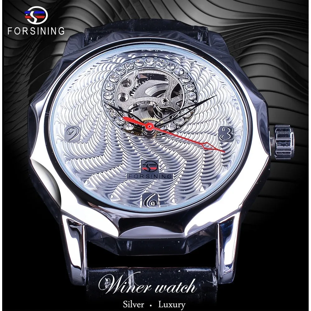 Unique Fashion White Crystal Display Half Skeleton Design Men's Silver Color Automatic Watches M1