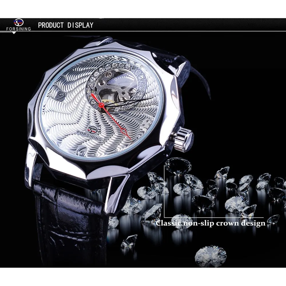 Unique Fashion White Crystal Display Half Skeleton Design Men's Silver Color Automatic Watches M1