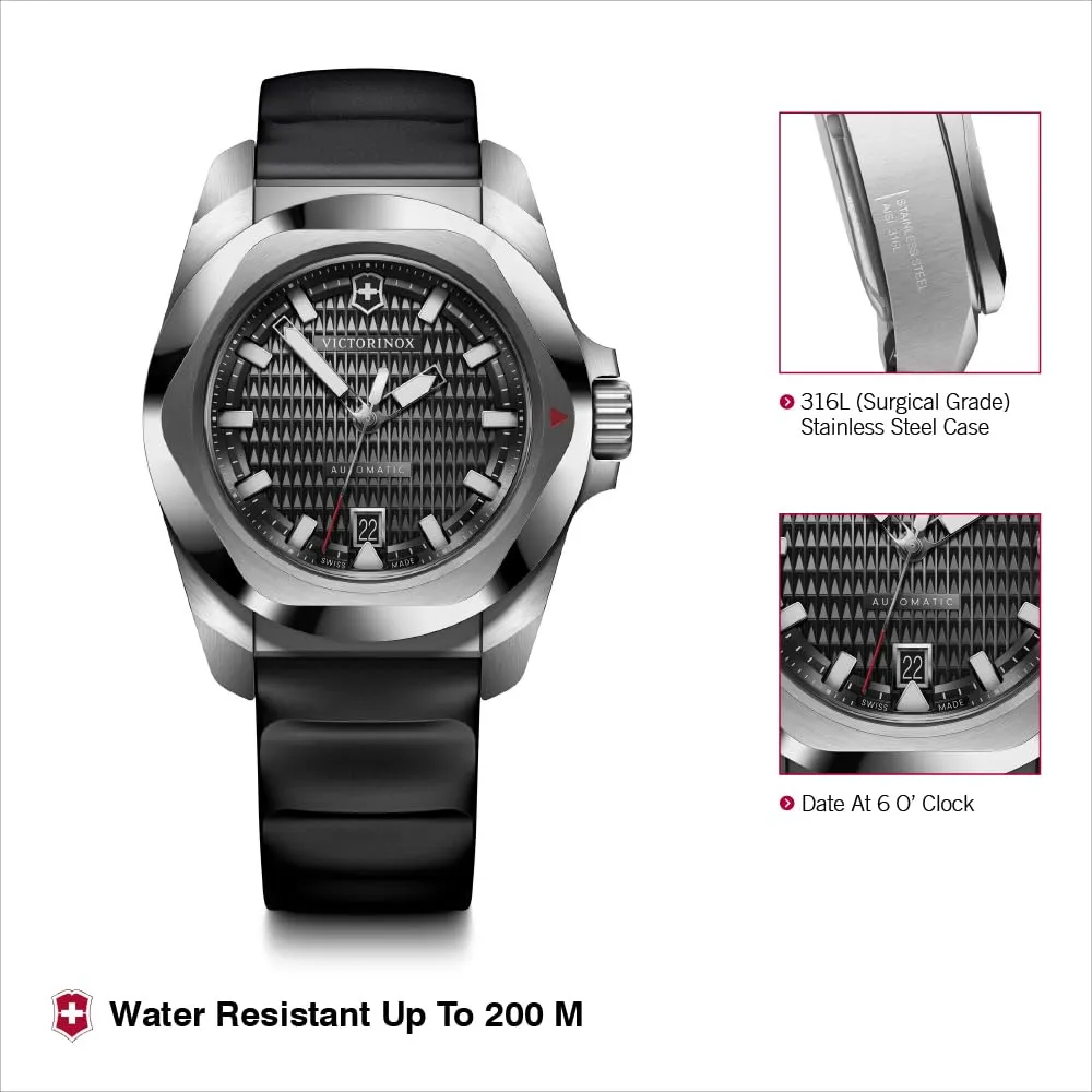 Victorinox I.N.O.X. Automatic, Swiss Made Men's Watch | Black Dial, 41 mm, 200M Water Resistant, Stainless Steel Case, Black Rubber Strap, Sellita SW 200-1 Movement | 242039