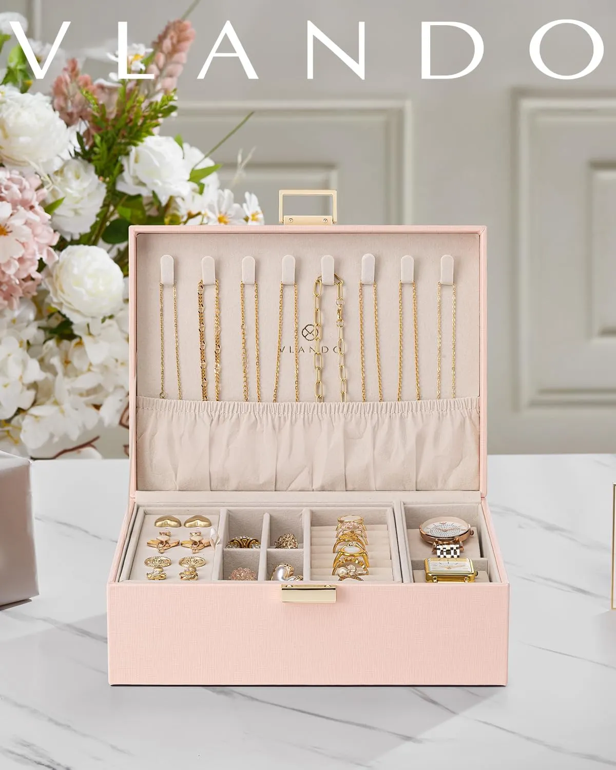 Vlando 2 Layer Jewelry Box Large Jewelry Organizer for Women Removable Jewelery Tray with Watch Pillow for Necklace Earrings Rings Bracelets Jewelry Boxes for Christmas Gifts Mother's Day Gifts (Pink)