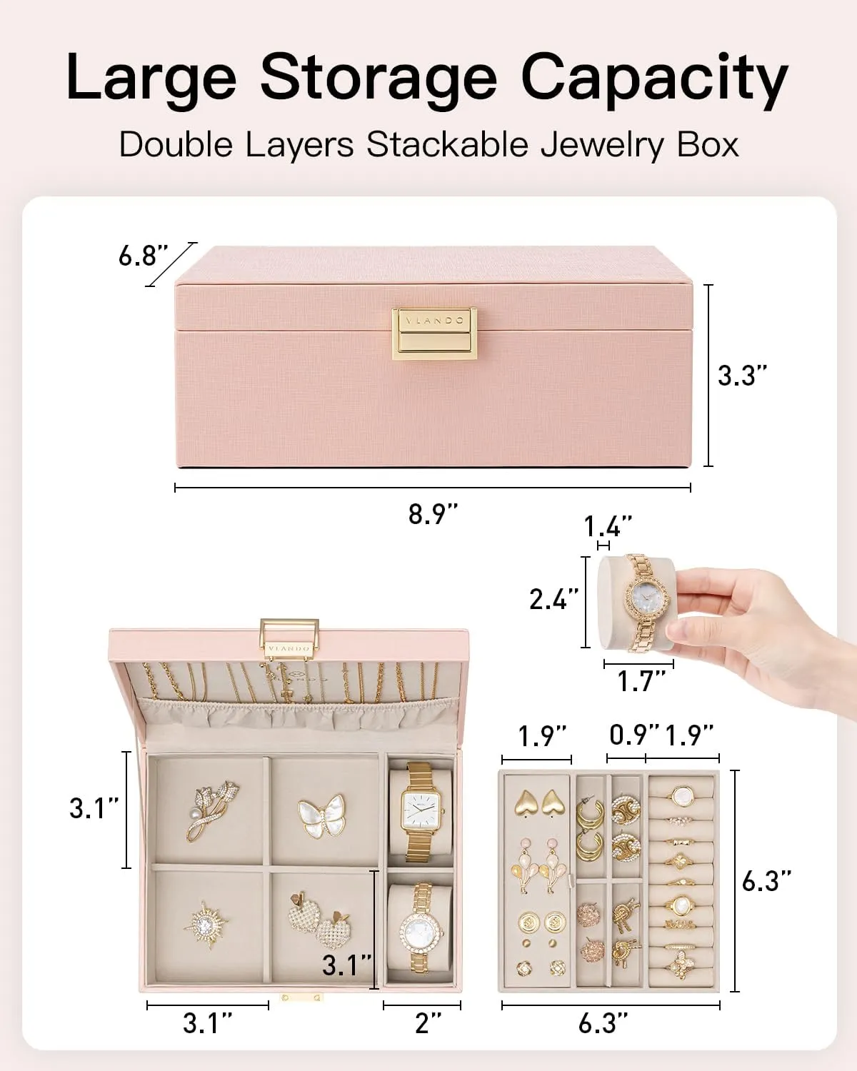Vlando 2 Layer Jewelry Box Large Jewelry Organizer for Women Removable Jewelery Tray with Watch Pillow for Necklace Earrings Rings Bracelets Jewelry Boxes for Christmas Gifts Mother's Day Gifts (Pink)
