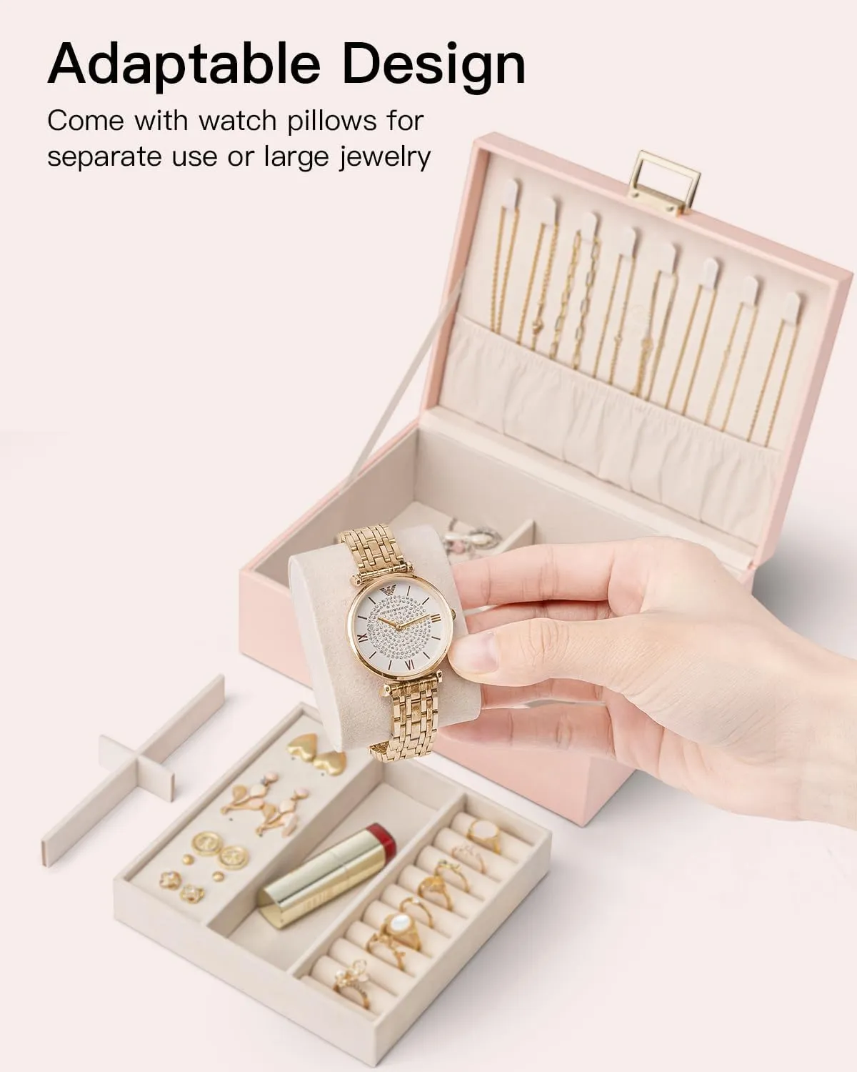Vlando 2 Layer Jewelry Box Large Jewelry Organizer for Women Removable Jewelery Tray with Watch Pillow for Necklace Earrings Rings Bracelets Jewelry Boxes for Christmas Gifts Mother's Day Gifts (Pink)