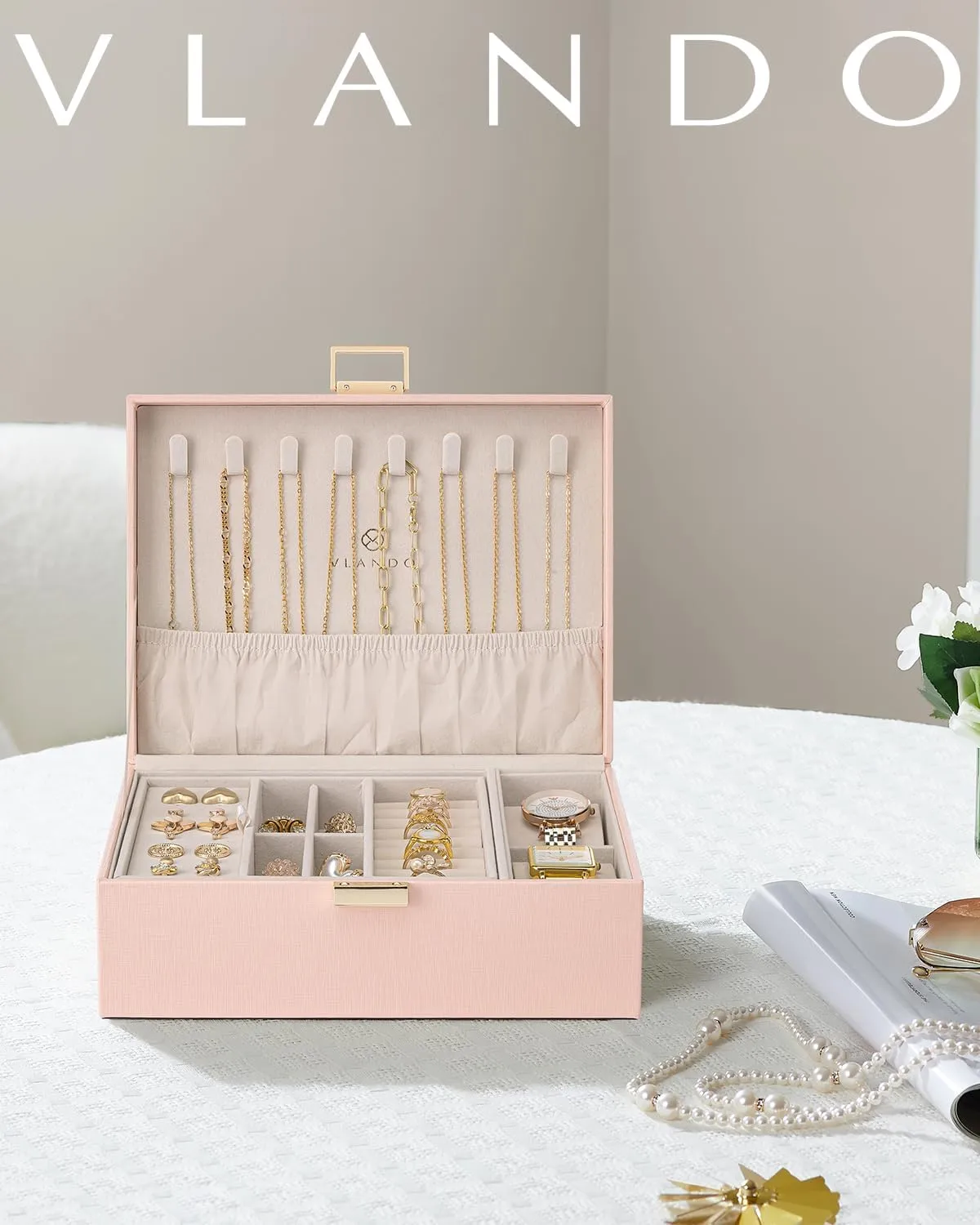 Vlando 2 Layer Jewelry Box Large Jewelry Organizer for Women Removable Jewelery Tray with Watch Pillow for Necklace Earrings Rings Bracelets Jewelry Boxes for Christmas Gifts Mother's Day Gifts (Pink)