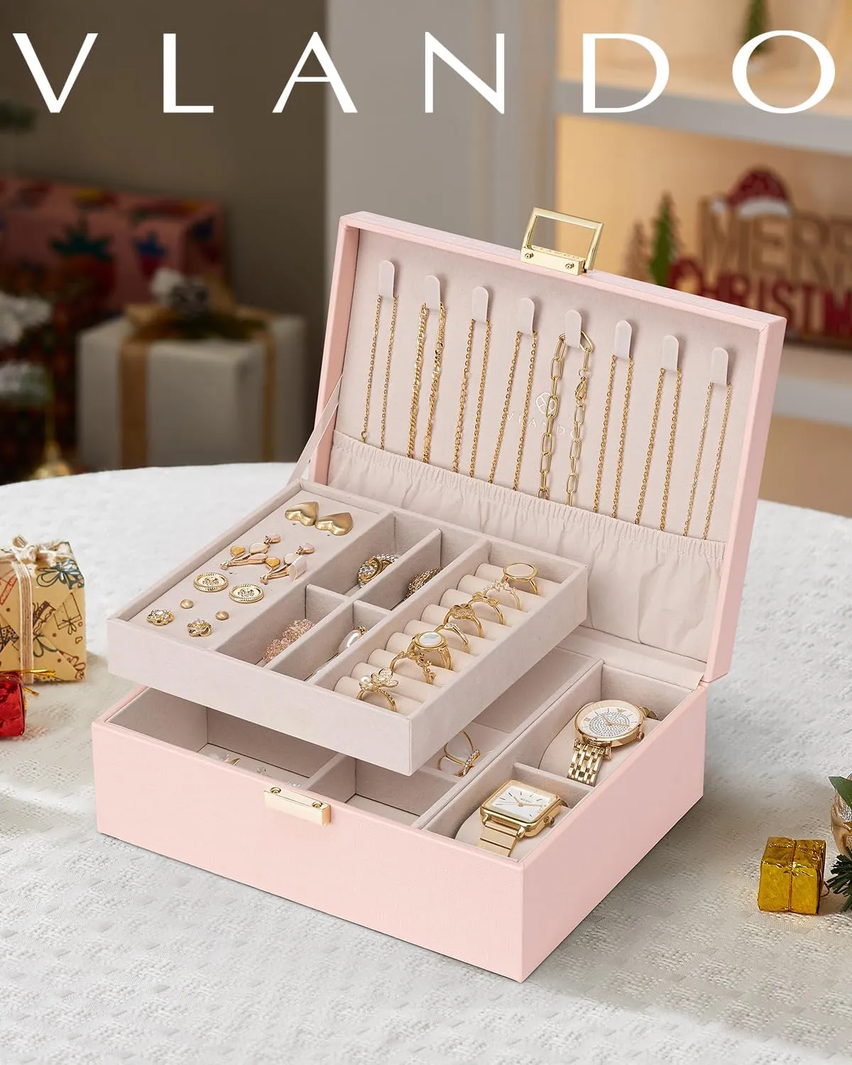 Vlando 2 Layer Jewelry Box Large Jewelry Organizer for Women Removable Jewelery Tray with Watch Pillow for Necklace Earrings Rings Bracelets Jewelry Boxes for Christmas Gifts Mother's Day Gifts (Pink)