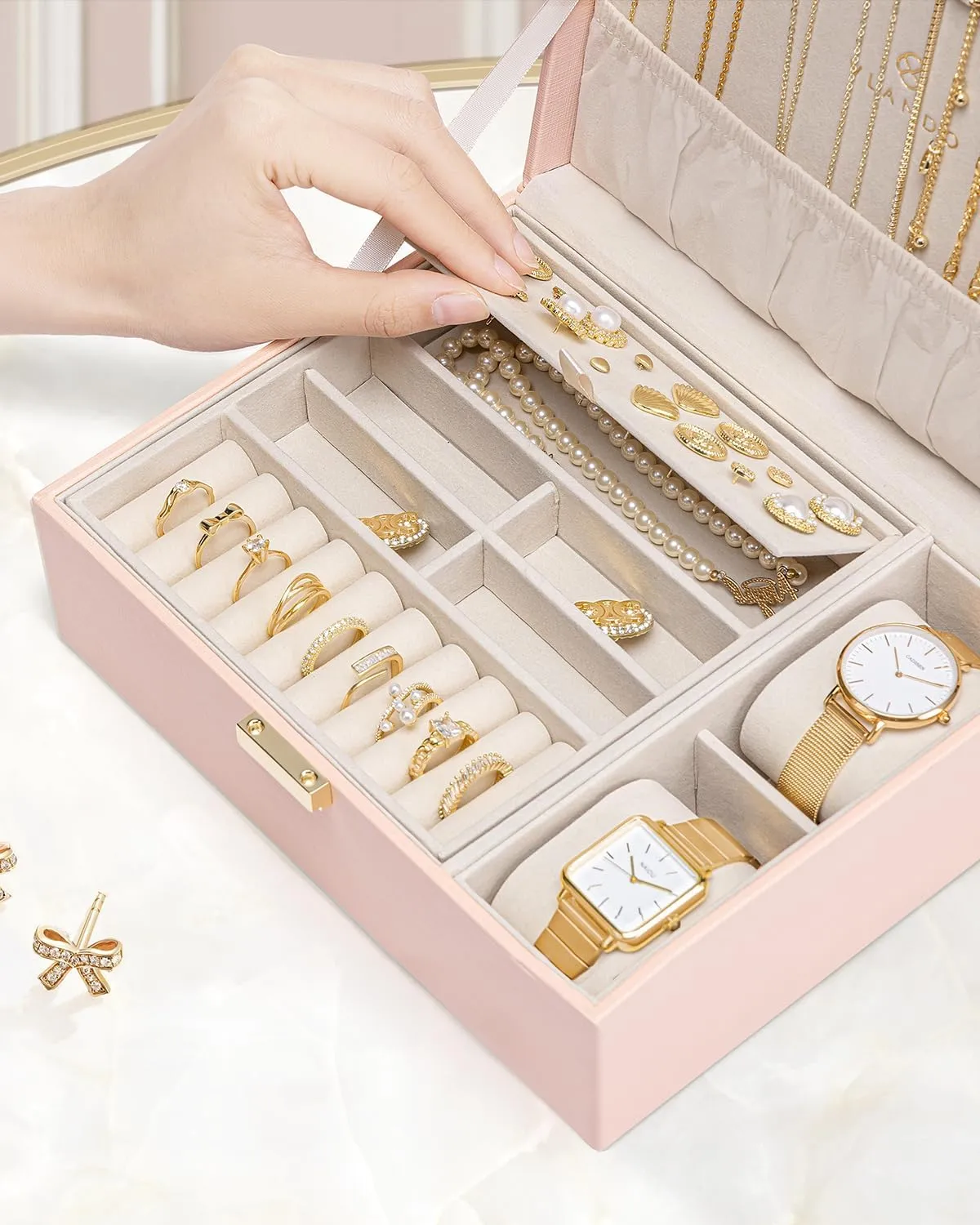 Vlando 2 Layer Jewelry Box Large Jewelry Organizer for Women Removable Jewelery Tray with Watch Pillow for Necklace Earrings Rings Bracelets Jewelry Boxes for Christmas Gifts Mother's Day Gifts (Pink)