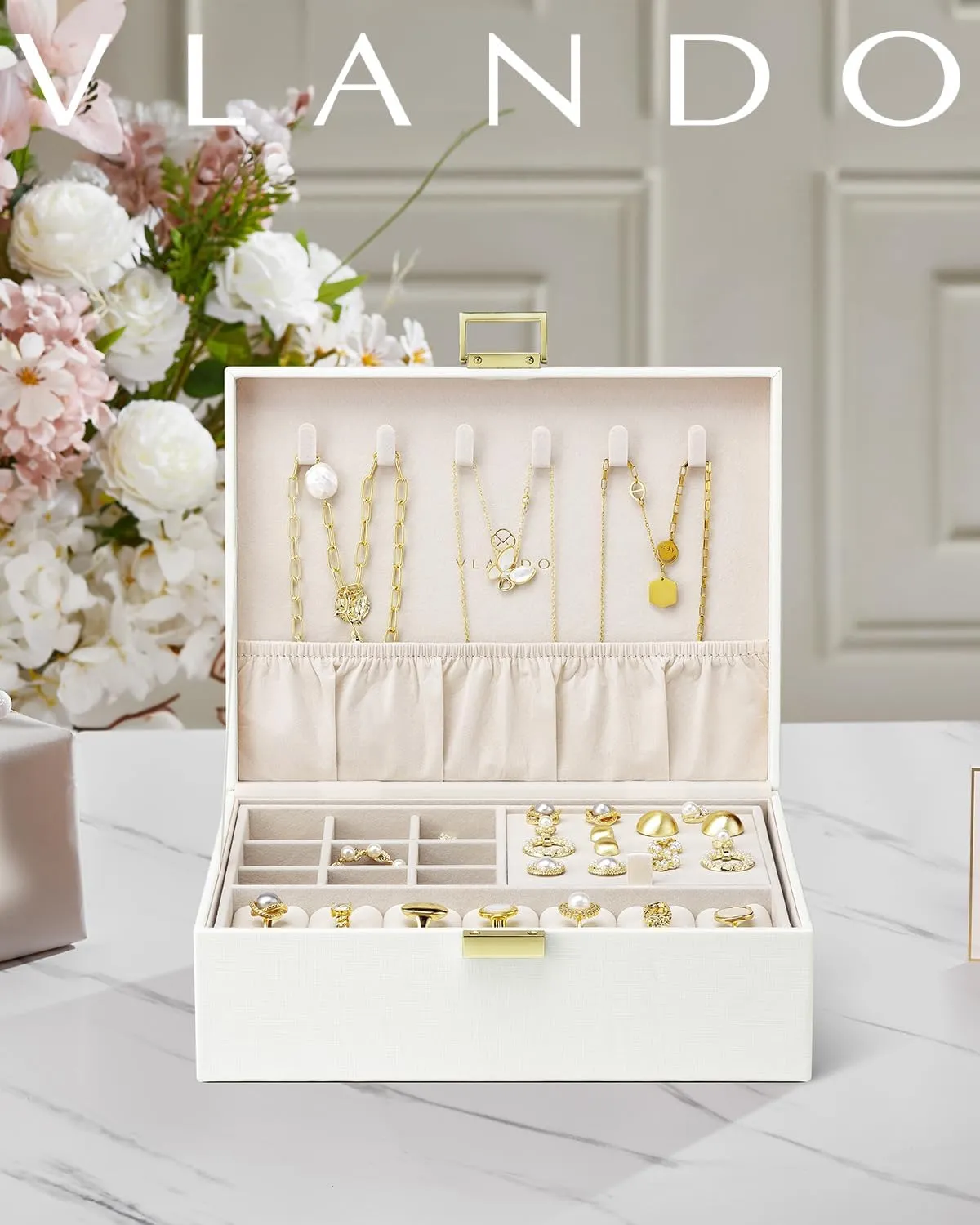 Vlando Graduation Gifts,2 Layer Jewelry Box, Teacher Gifts,Large Jewelry Organizer for Women Removable Jewelery Tray for Necklace Earrings Rings Bracelets (Cream White)