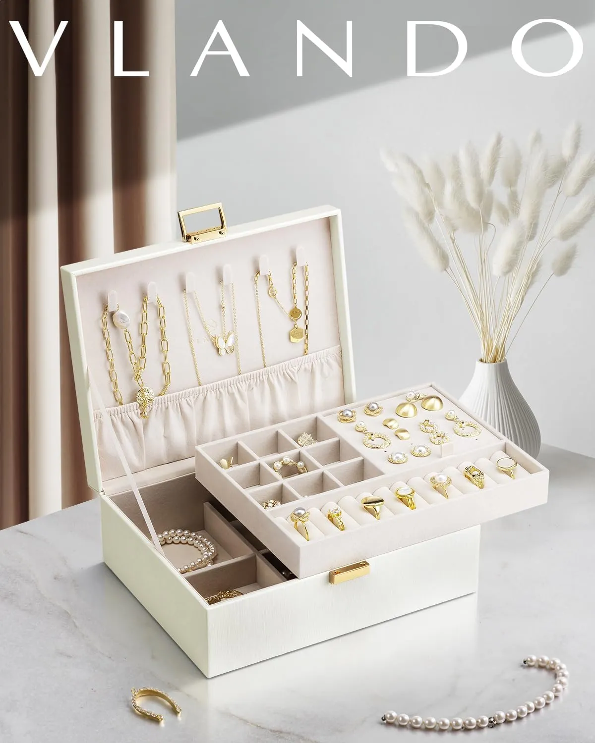 Vlando Graduation Gifts,2 Layer Jewelry Box, Teacher Gifts,Large Jewelry Organizer for Women Removable Jewelery Tray for Necklace Earrings Rings Bracelets (Cream White)