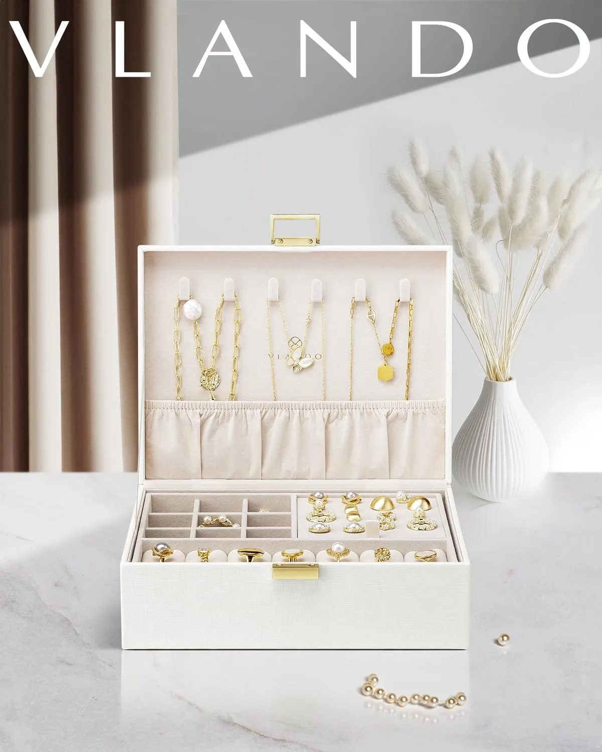 Vlando Graduation Gifts,2 Layer Jewelry Box, Teacher Gifts,Large Jewelry Organizer for Women Removable Jewelery Tray for Necklace Earrings Rings Bracelets (Cream White)