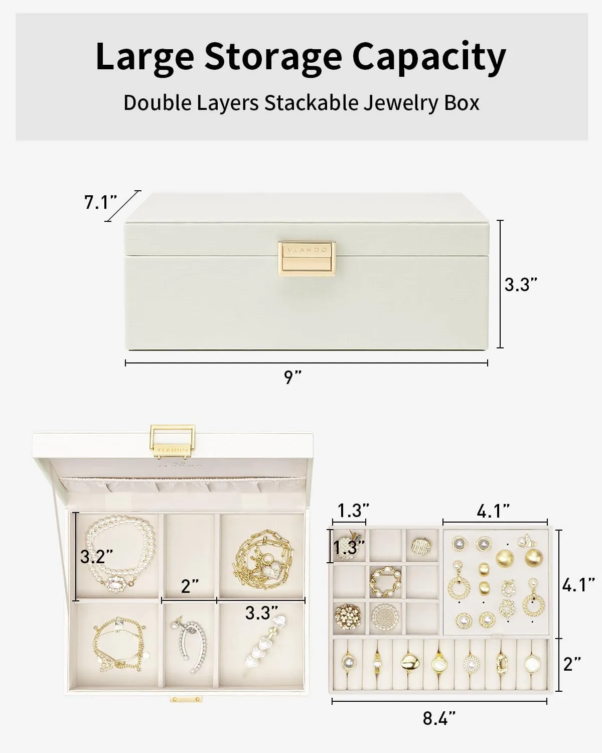 Vlando Graduation Gifts,2 Layer Jewelry Box, Teacher Gifts,Large Jewelry Organizer for Women Removable Jewelery Tray for Necklace Earrings Rings Bracelets (Cream White)