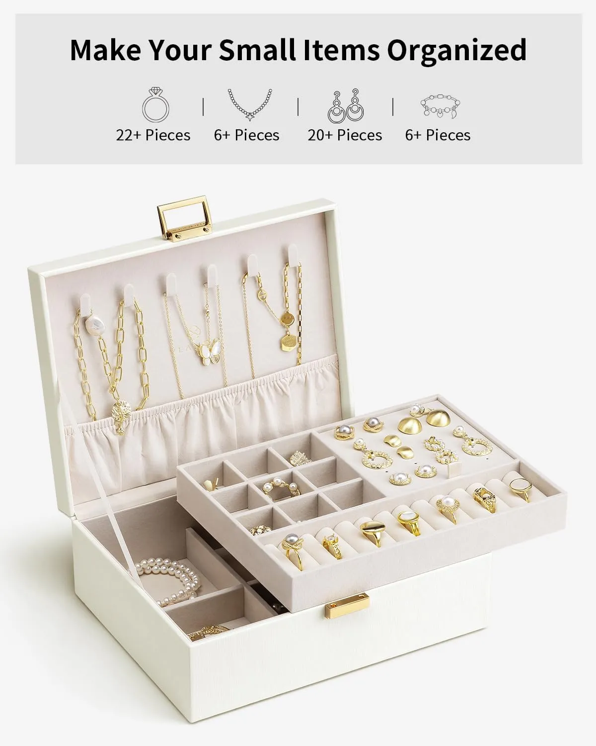 Vlando Graduation Gifts,2 Layer Jewelry Box, Teacher Gifts,Large Jewelry Organizer for Women Removable Jewelery Tray for Necklace Earrings Rings Bracelets (Cream White)