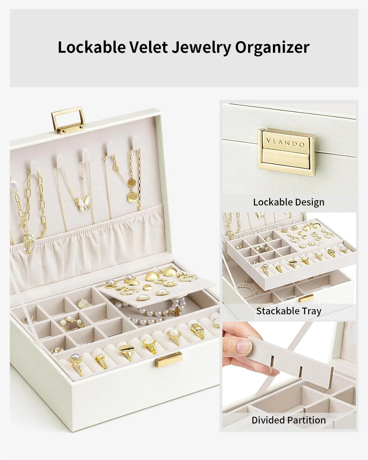 Vlando Graduation Gifts,2 Layer Jewelry Box, Teacher Gifts,Large Jewelry Organizer for Women Removable Jewelery Tray for Necklace Earrings Rings Bracelets (Cream White)