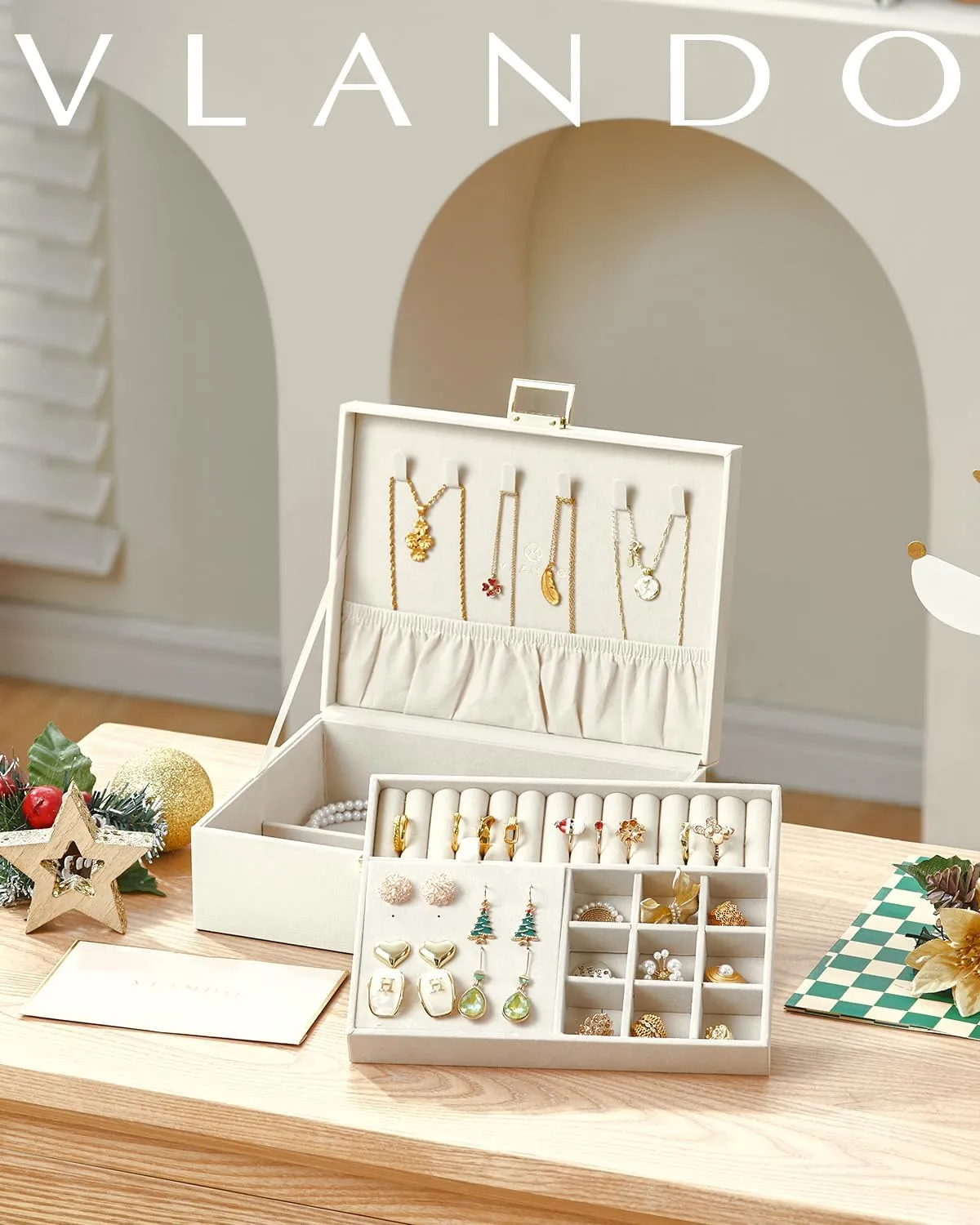Vlando Graduation Gifts,2 Layer Jewelry Box, Teacher Gifts,Large Jewelry Organizer for Women Removable Jewelery Tray for Necklace Earrings Rings Bracelets (Cream White)