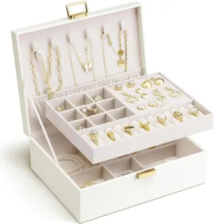Vlando Jewelry Box Organzier,PU Leather Jewelry Boxes with 2 Trays,Travel Jewelry Case for Earrings Necklace Rings Brooches Milk White