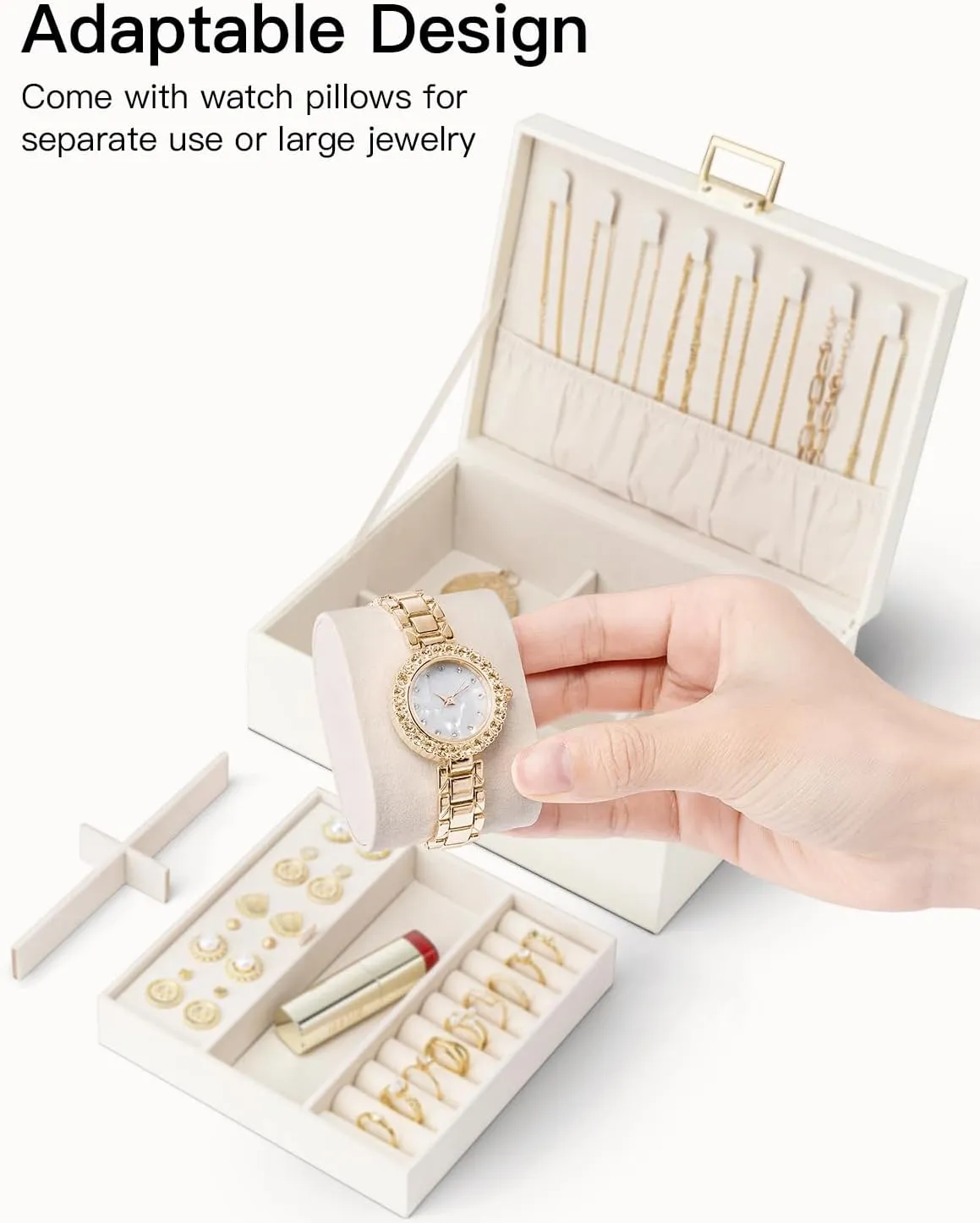 Vlando Teacher Appreciation Gifts,2 Layer Jewelry Box Large Jewelry Organizer for Women Removable Jewelery Tray with Watch Pillow for Necklace Earrings Rings Bracelets(Cream White)