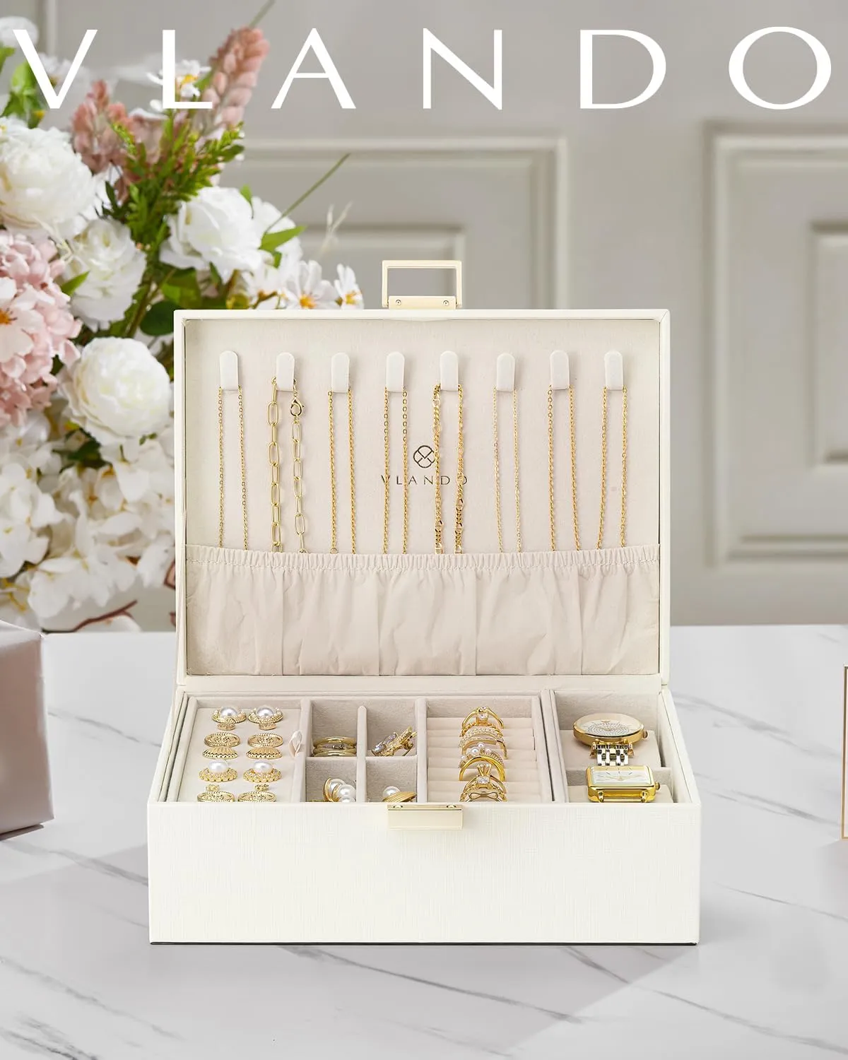 Vlando Teacher Appreciation Gifts,2 Layer Jewelry Box Large Jewelry Organizer for Women Removable Jewelery Tray with Watch Pillow for Necklace Earrings Rings Bracelets(Cream White)