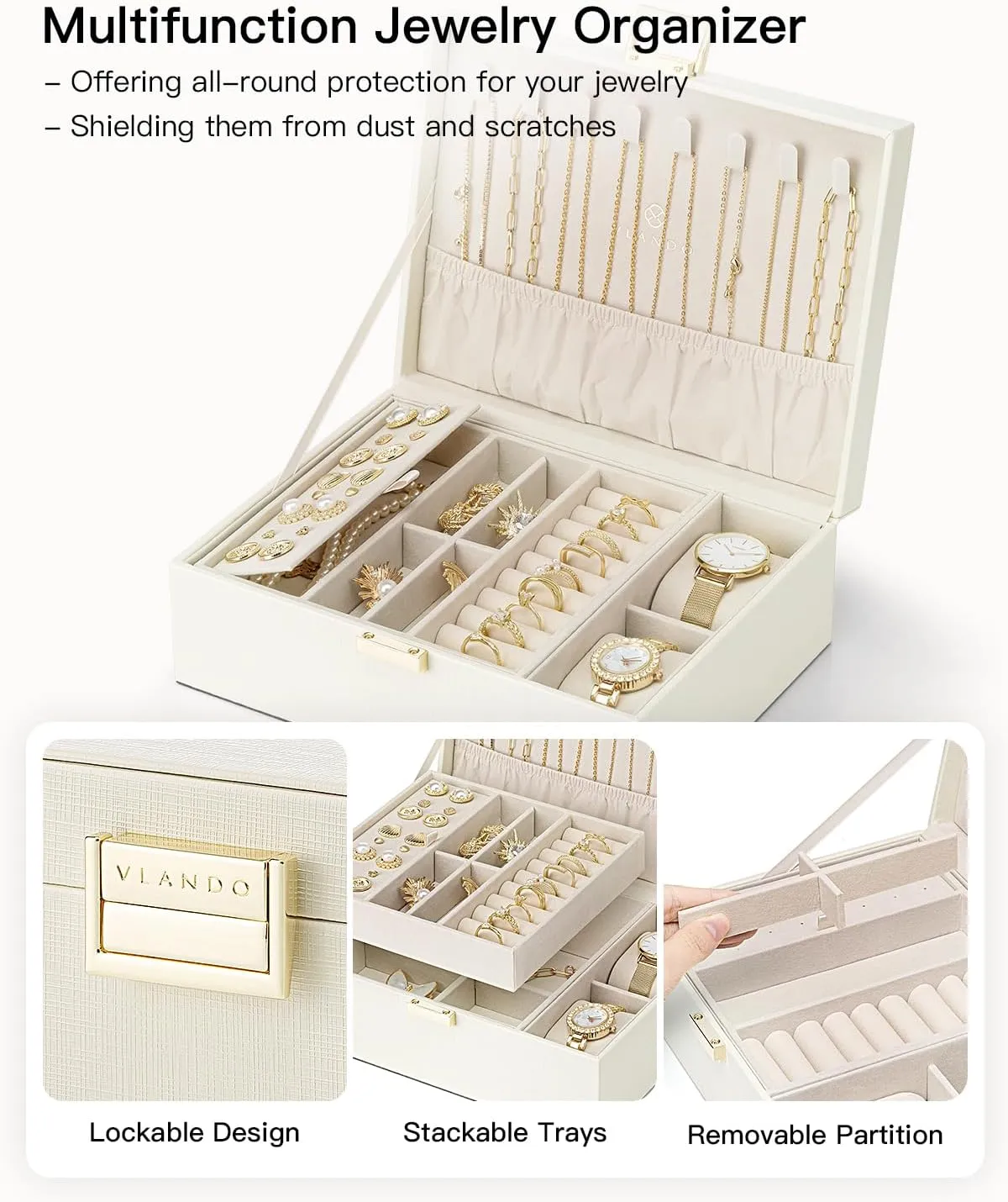 Vlando Teacher Appreciation Gifts,2 Layer Jewelry Box Large Jewelry Organizer for Women Removable Jewelery Tray with Watch Pillow for Necklace Earrings Rings Bracelets(Cream White)
