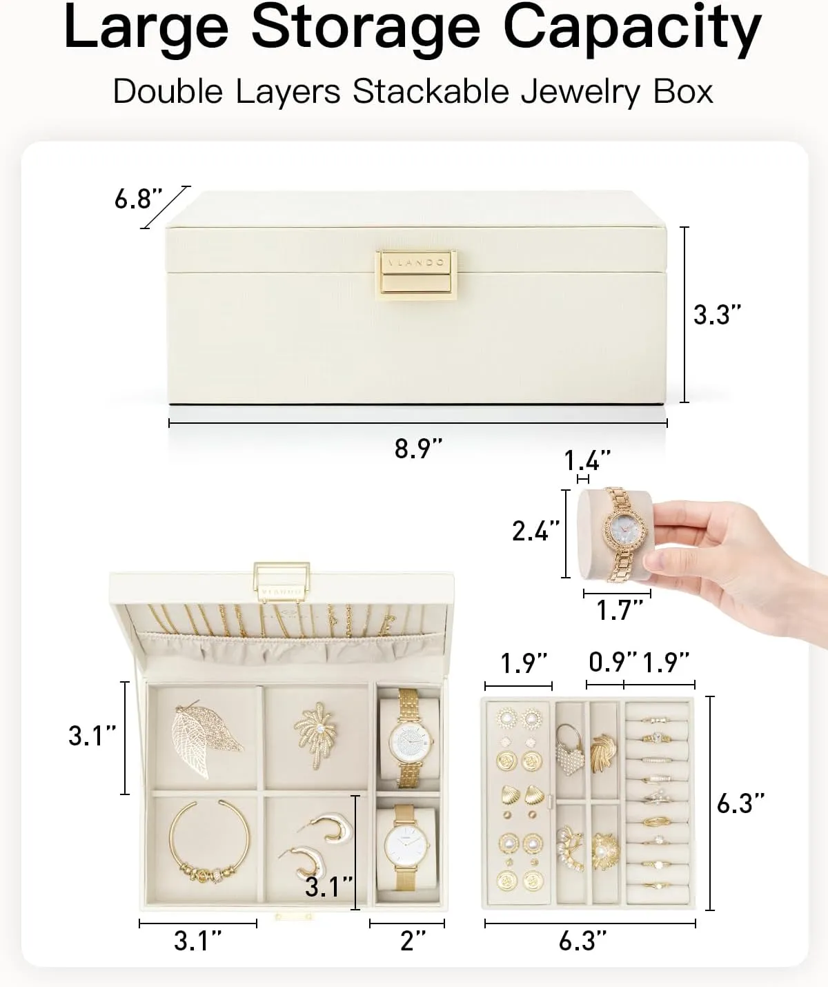 Vlando Teacher Appreciation Gifts,2 Layer Jewelry Box Large Jewelry Organizer for Women Removable Jewelery Tray with Watch Pillow for Necklace Earrings Rings Bracelets(Cream White)