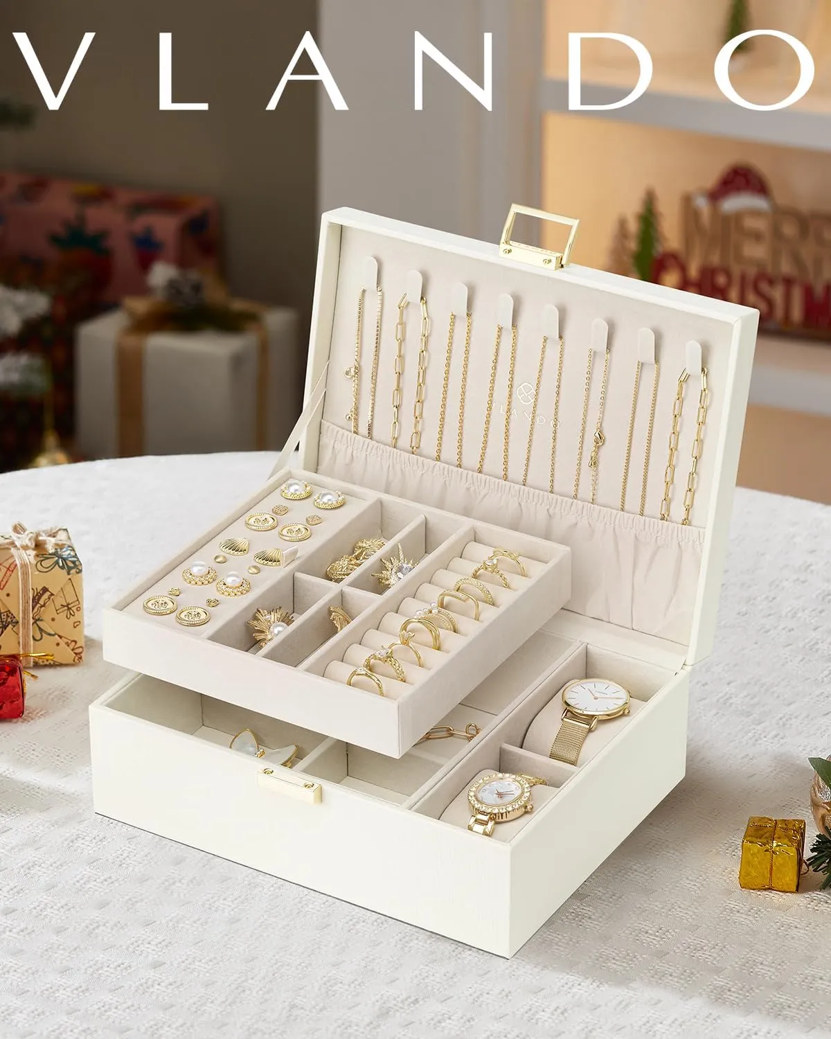 Vlando Teacher Appreciation Gifts,2 Layer Jewelry Box Large Jewelry Organizer for Women Removable Jewelery Tray with Watch Pillow for Necklace Earrings Rings Bracelets(Cream White)