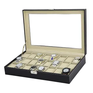 Watch Box - 24 Slot Luxury Display Case With Framed Glass Lid