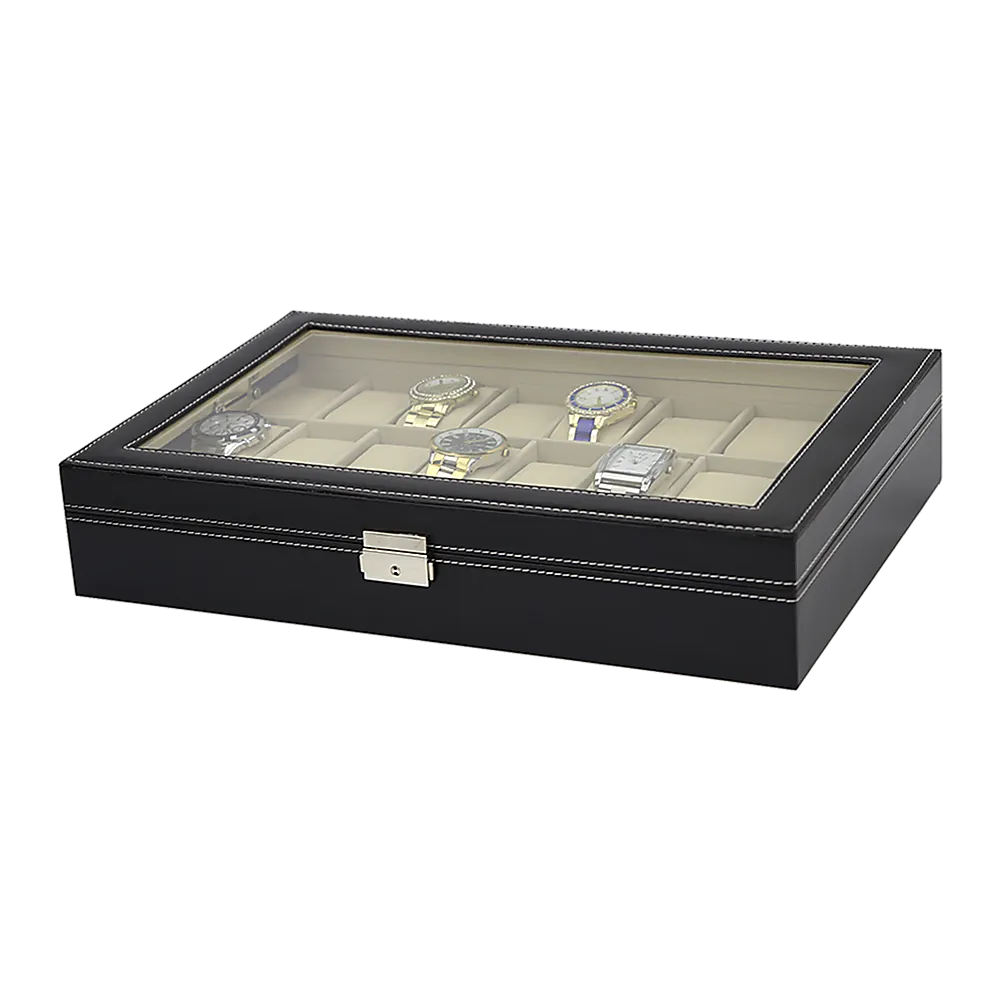 Watch Box - 24 Slot Luxury Display Case With Framed Glass Lid
