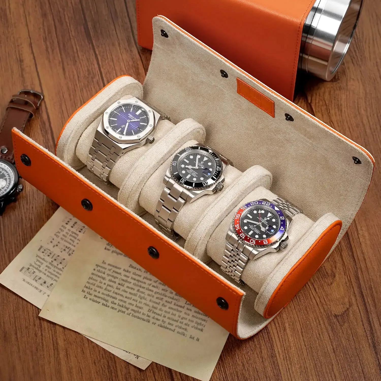Watch Storage Organizer Roll Travel Case Vegan Leather-Orange 3 Slots