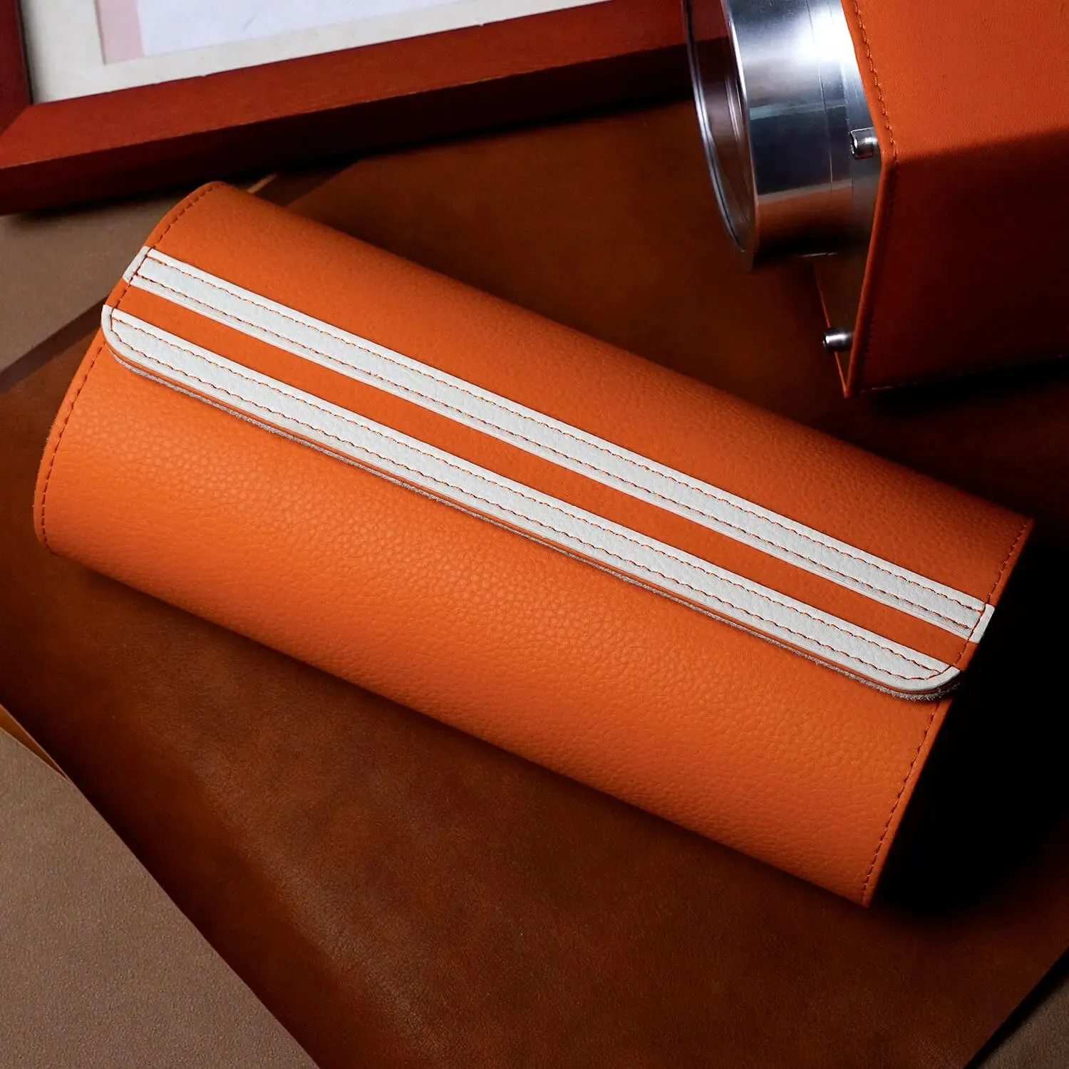 Watch Storage Organizer Roll Travel Case Vegan Leather-Orange 3 Slots