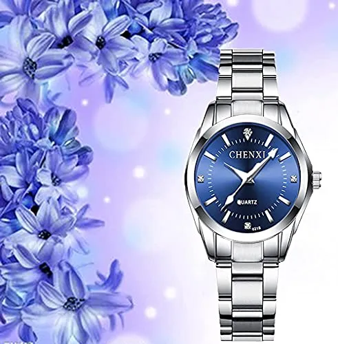 Watches for Women Analog Quartz Silver Stainless Steel Watches Luminous Waterproof Ladies Dress Watch (021 Dark Blue)