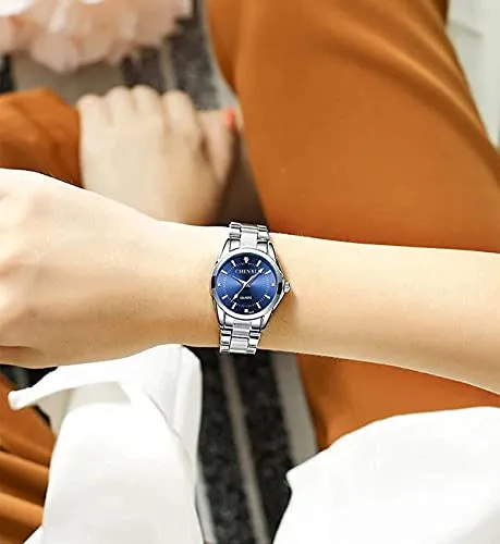 Watches for Women Analog Quartz Silver Stainless Steel Watches Luminous Waterproof Ladies Dress Watch (021 Dark Blue)