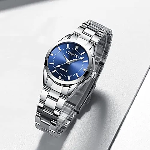 Watches for Women Analog Quartz Silver Stainless Steel Watches Luminous Waterproof Ladies Dress Watch (021 Dark Blue)
