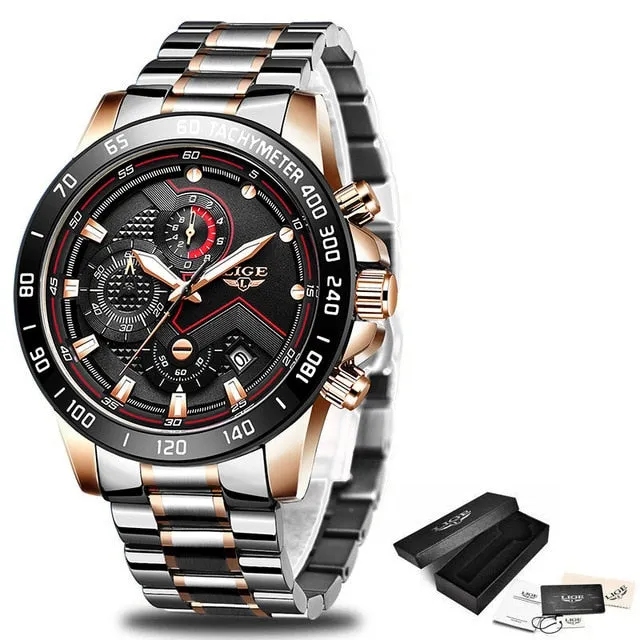 Watches Men Luxury Brand LIGE Chronograph Men Sports Watches Waterproof Full Steel Quartz Men's Watch