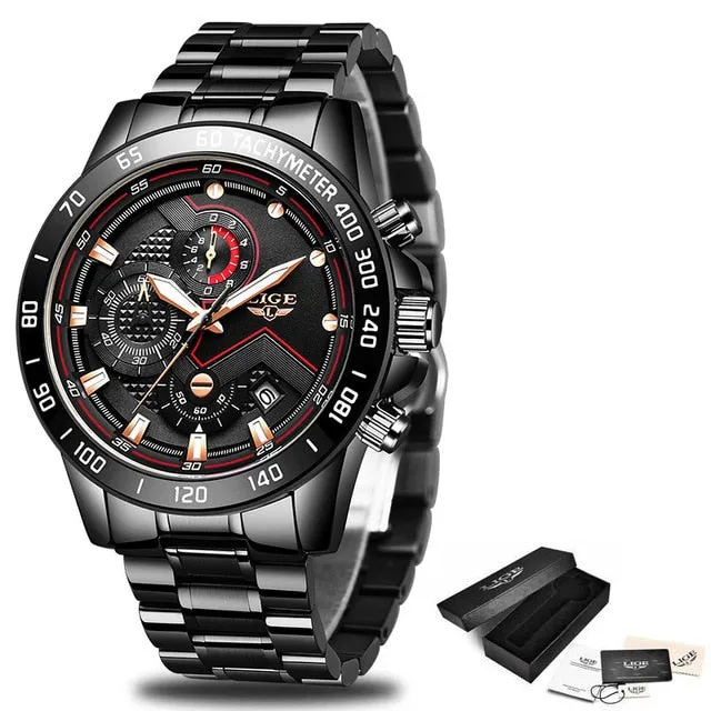 Watches Men Luxury Brand LIGE Chronograph Men Sports Watches Waterproof Full Steel Quartz Men's Watch