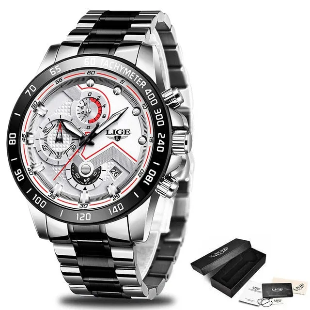 Watches Men Luxury Brand LIGE Chronograph Men Sports Watches Waterproof Full Steel Quartz Men's Watch