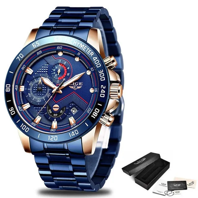 Watches Men Luxury Brand LIGE Chronograph Men Sports Watches Waterproof Full Steel Quartz Men's Watch