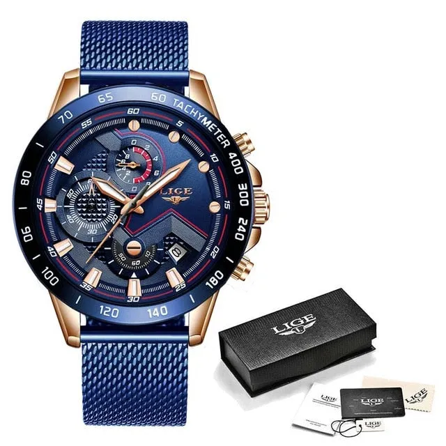 Watches Men Luxury Brand LIGE Chronograph Men Sports Watches Waterproof Full Steel Quartz Men's Watch